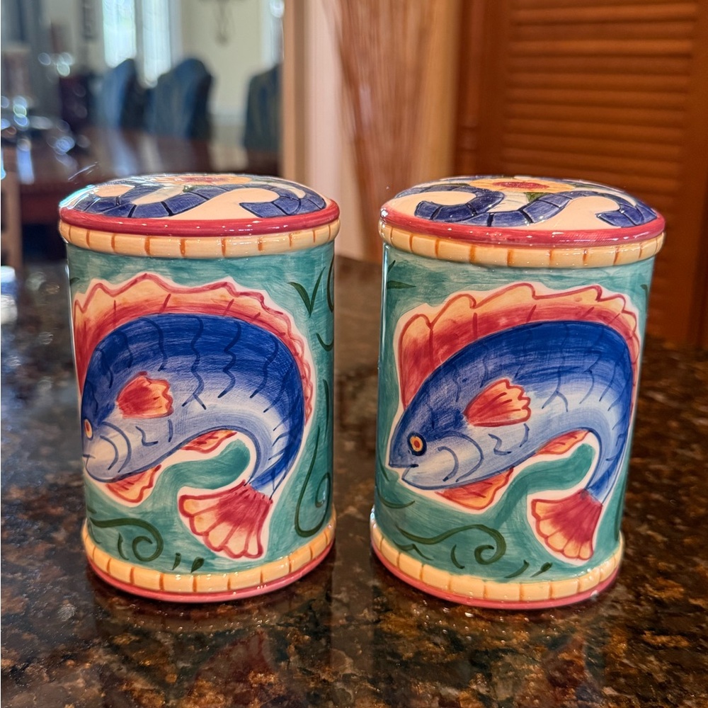 Vintage Clay Art "Pesce" Nautical Fish Hand Painted Salt & Pepper Set